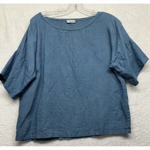 Linen Sea Womens Size M? Blue Short Sleeve Linen Scoop Neck Top (J6)
